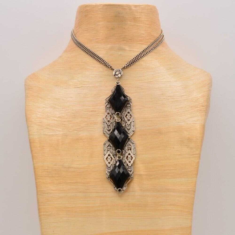 Sandor Vintage Necklace Black Crystal Heavy Chunky Large Silver Signed 40s Bin7B
